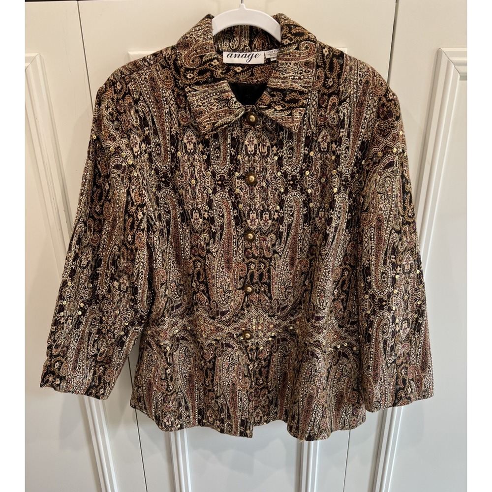 Vintage Anage Brown & Gold Tapestry Jacket Size Large Beaded Sequin‎ Artsy Boho